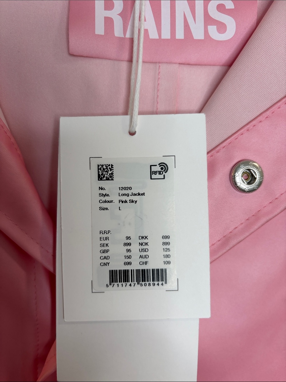 RAINS LONG RAIN JACKET TRENCH IN PINK SKY WITH HOOD UNISEX COASTAL CHIC SZ LARGE - Picture 13 of 13